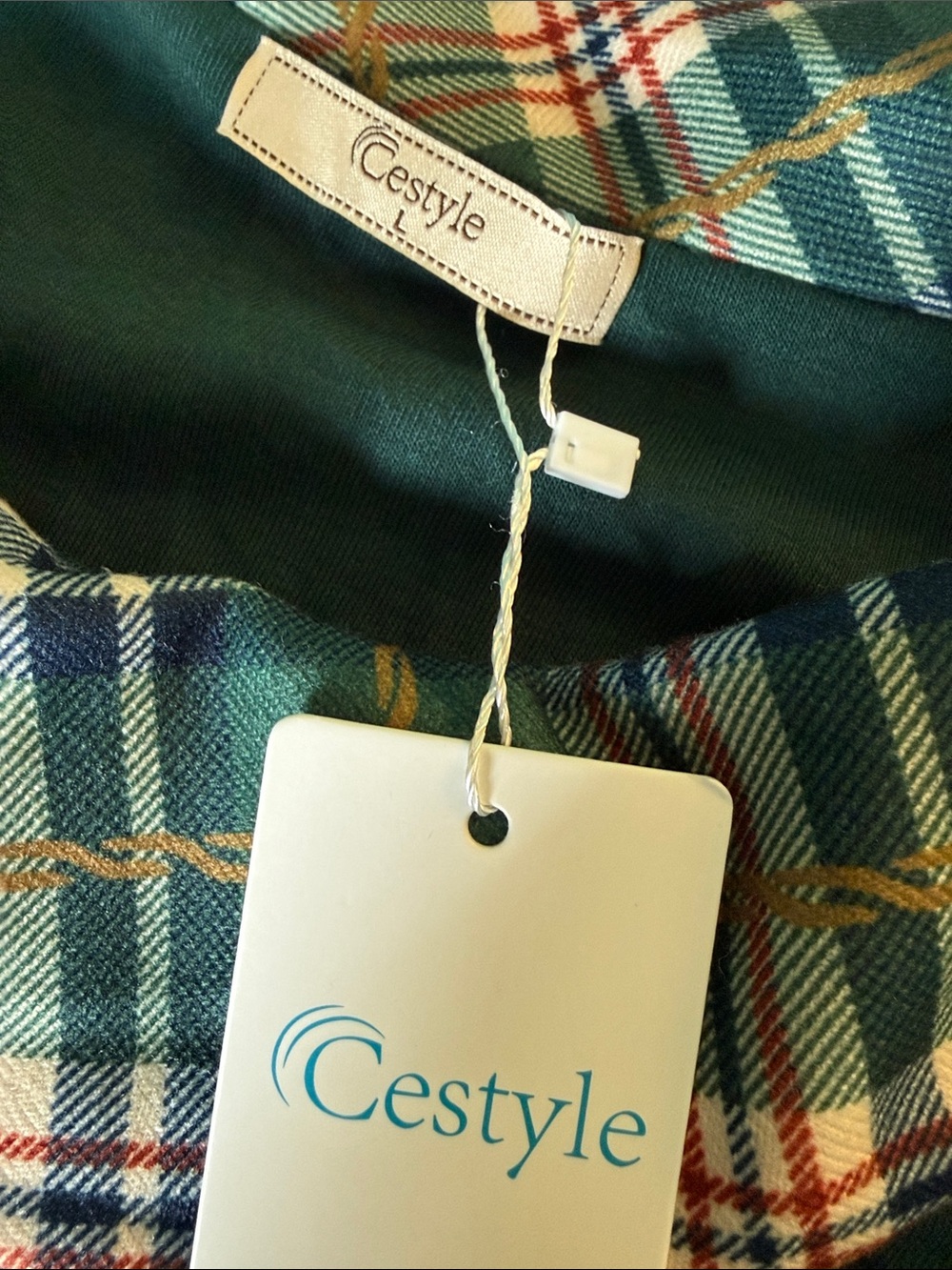 Cestyle Plaid-Accent Dark Green Asymmetrical Hem Long Sleeve Tunic Top Sz L, NWT - Picture 13 of 13